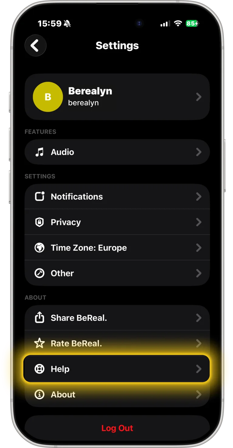 BeReal settings screen — find Help